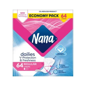 This image shows a pack of Nana Daily Regular Panty Liners that breathe like cotton to keep intimate skin fresh and dry, offering a curve-hugging fit and super absorbent protection for everyday use.