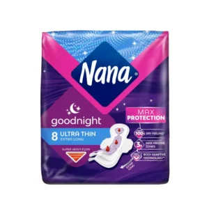 Nana Ultra Thin Goodnight Pads provide maximum absorption and comfortable protection for super heavy flow during nighttime, with a body adaptive design that fits different body shapes and keeps skin feeling dry.