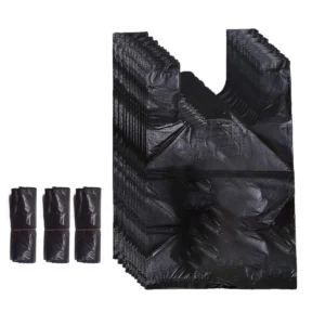 This image shows a pack of 300 small black disposal bags, designed for sanitary napkins and other personal waste, each with a vest-type handle for easy tying and carrying.