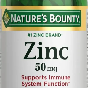 Nature's Bounty Zinc Chelated 50 mg supports immune function, metabolism, testosterone synthesis, and fetal growth.