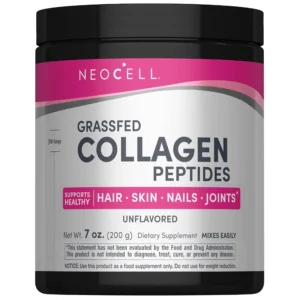 This image shows Neocell Super Collagen powder, a dietary supplement with collagen types 1 & 3, promoting healthy skin, hair, bones, and joints.