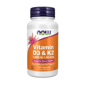 This image shows Now Foods Vitamin D3 and K2 capsules, 1000 IU D3 and 45 mcg K2 per serving, supporting cardiovascular and bone health.