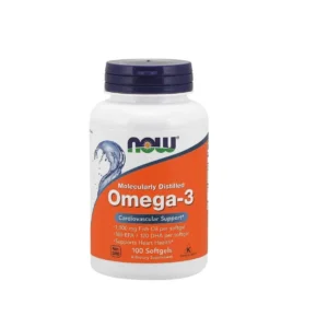 Bottle of Now Foods Omega-3 1000mg softgels, a non-GMO supplement that supports heart health and is cholesterol free.