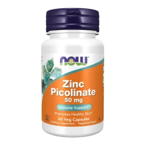 Image of a Now Foods Zinc Picolinate bottle containing 60 vegetarian capsules, a non-GMO, GMP certified, and Kosher supplement.