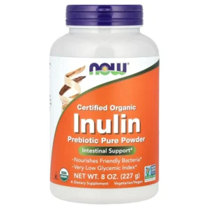 This is a bag of NOW Inulin Powder, a certified organic prebiotic fiber supplement promoting healthy gut flora and digestion.