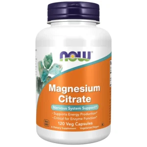 Bottle of NOW Foods Magnesium Citrate 400mg capsules, a mineral essential for energy, muscle function, nerve transmission, and bone health.