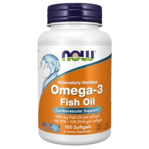 Bottle of NOW Omega-3 molecularly distilled nutritional supplement, containing 100 softgels, manufactured by NOW Foods.