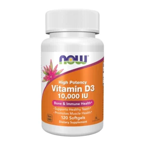 Bottle of NOW Vitamin D-3 10,000 IU softgels for maintaining healthy vitamin D levels.