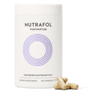 One-month supply of Nutrafol Postpartum hair growth supplement formulated with breastfeeding-friendly ingredients for visibly thicker, stronger hair after childbirth.