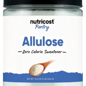 One pound bottle of Nutricost Allulose, a natural, zero calorie, keto-friendly sweetener in crystalline powder form, perfect for low carb diets and replacing regular sugar.