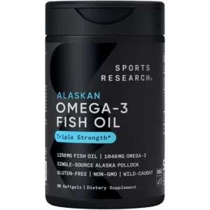 Sports Research Omega 3 fish oil supplement with EPA and DHA from wild Alaskan Pollock promotes heart, brain, and immune support for both men and women.