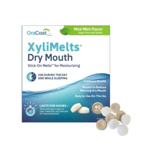 A package of Oracoat Xylimelts containing 40 dissolving discs, a skin treatment mask for dry mouth relief.