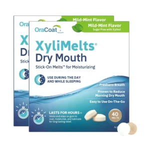 An 80-count box of Oracoat Xylimelts in a mild mint flavor, manufactured by Generic and designed for beauty and oral health.