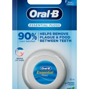 Close-up of Oral-B Essential Waxed Mint Floss, a gentle and shred-resistant dental floss that easily slides between teeth to reach tight spaces, leaving a fresh mint flavor.