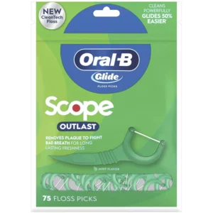 Oral-B Glide Complete floss picks with Scope Outlast flavor for easy, effective cleaning between teeth and below the gumline.