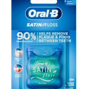 Close-up of Oral-B Satin Floss showing its satin-like texture, comfort grip and shred-resistant design, providing a fresh, clean feeling.