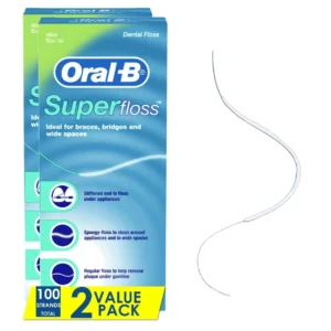 Oral-B Super Floss pre-cut strands with a stiffened end, spongy floss, and regular floss to clean around braces and under the gumline, with a refreshing mint flavor.