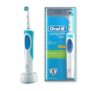 Oral-B Vitality electric toothbrush provides healthier gums with gingivitis reduction, a timer for suggested brushing time, a long-lasting rechargeable battery, and effective cleaning of hard-to-reach areas.