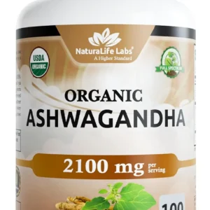 Bottle of 100 vegan capsules containing 2100mg of organic ashwagandha powder and root extract for natural anxiety relief and mood enhancement.