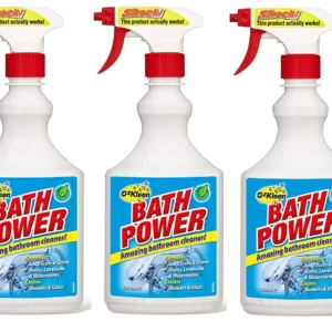 Three bottles of Ozkleen Bath Power bathroom cleaner spray, ideal for shower surfaces.
