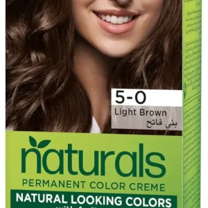 Palette Permanent Natural Colours Cream in shade 5.0 Light Brown, a long-lasting hair dye with anti-fade protection and 3X care enriched with keratin, panthenol and nutri-oil for perfect grey coverage and extra care during and after coloring.