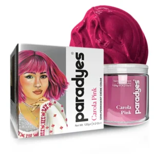 Jar of Paradyes Carola Pink semi-permanent vegan hair color, free of ammonia, sulfates, and parabens, for all hair types.