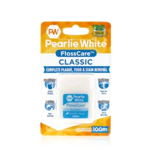 Pearlie White waxed mint dental floss, 100 meters long, for deep cleaning between teeth.