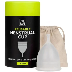 This image shows a large PEESAFE menstrual cup, a comfortable and reusable alternative to tampons and pads, designed to provide up to 12 hours of protection.