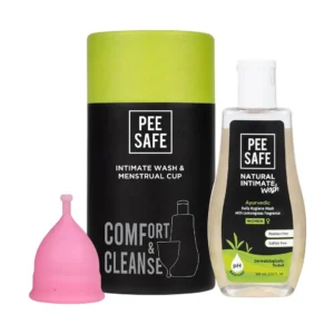 PeeSafe menstrual cup combo with reusable cup and intimate wash for period care, made with medical-grade silicone for safe, leak-proof, and comfortable protection for up to 5 years.