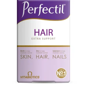 Close-up of Perfectil Plus Hair tablets, a dietary supplement with biotin and selenium to support healthy hair growth, thickness, and vibrancy.