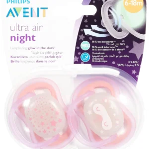 Philips Avent Ultra Air pacifier for girls aged 6-18 months, designed to let skin breathe and respect the natural development of the palate, teeth, and gums, with a sterilizing storage case for nighttime use.