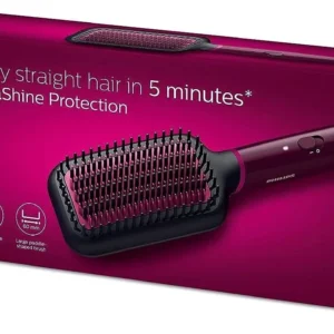 The PHILIPS BHH730/03 heated straightening brush quickly creates naturally straight hair with ThermoProtect technology and keratin-infused ceramic coating, minimizing heat damage.