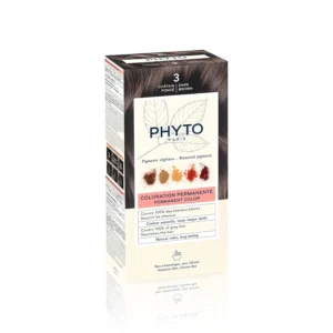 Phyto dark brown hair color provides 100% grey coverage with botanical pigments and gentle, hygienic packaging.