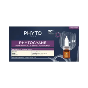 Phyto Phytocyane hair serum vials for women, designed to strengthen hair follicles and treat progressive hair loss with natural ingredients.
