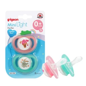 Pigeon Minilight Pacifier Twin for girls, S size, features a soft silicone nipple, ultra lightweight design, and BPA-free materials for baby's comfort and safety.
