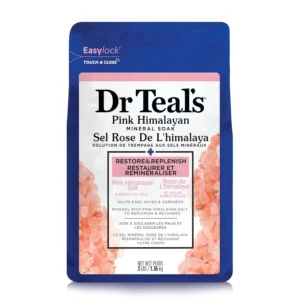 Dr. Teal's Pink Himalayan Epsom Bath Salt, a mineral-rich soak with bergamot and orange essential oils, revitalizes muscles and relieves stress.