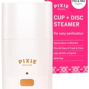 The Pixie Cup Sterilizer uses steam to quickly and discreetly sanitize menstrual cups and discs, killing 99.9% of germs in just 3 minutes.