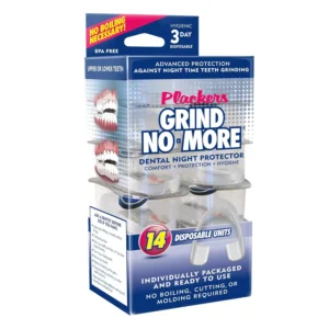 This image shows the Plackers Grind No More dental night guard, a disposable and ready-to-use solution for teeth grinding, with a comfortable, one-size-fits-all design for upper or lower teeth, offering hygienic, BPA-free protection.