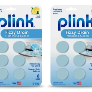 This image shows twelve lemon-scented Plink fizzy tablets, a quick, easy and effective way to freshen any home drain, eliminate foul odors, prevent build-up, and maintain a clear drain while being safe for septic systems.