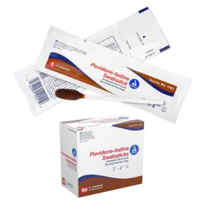 Dynarex povidone iodine swabsticks in individual foil packs for antiseptic skin preparation before minor procedures.