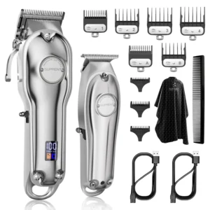 This professional SUPRENT hair clipper kit for men includes a cordless barber clipper and zero gap T-blade trimmer, perfect for fades and detail trimming, with an LED display showing battery life.