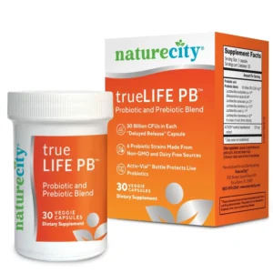 NatureCity True-Life-PB provides a shelf-stable probiotic and prebiotic blend in a dairy-free veggie capsule to support healthy digestion and immune function for both men and women.