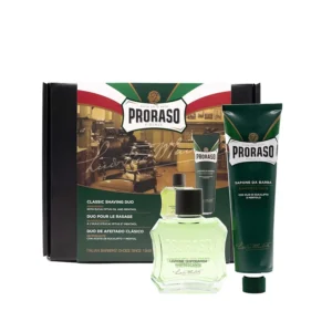 Proraso Green Duo Set, a cruelty-free and natural shaving solution, leaving skin clean, refreshed, and comfortable.