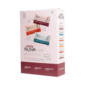 A variety pack of The Whole Truth protein bars with double cocoa, coconut cocoa, and peanut cocoa flavors, offering 12g of protein per bar, with no added sugar, artificial sweeteners, or preservatives.