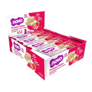 Novo protein wafer bar with strawberries and cream flavor covered in real Belgian chocolate, providing 13g of protein per serving.
