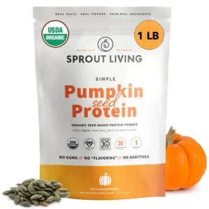 Sprout Living Simple pumpkin seed protein powder offers 20 grams of organic, plant-based vegan protein in each serving, free of artificial sweeteners and packed with essential fatty acids.
