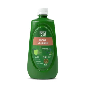 PureCult floor cleaner with geranium and lavender essential oils is safe for kids, pets, and all floor types leaving a long-lasting, luxury fragrance.