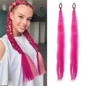 A close-up shows a purple braided ponytail wig, a Kpop-inspired hair extension, clipped in for easy wear, ideal for a rose red daily look.