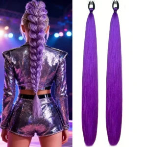 This image showcases a purple braided ponytail wig hair extension with a clip, perfect for adding a pop of Kpop-inspired color to your daily look.