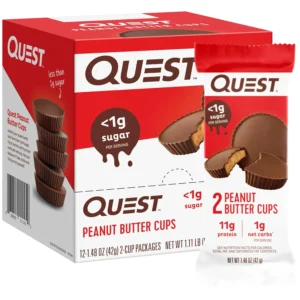 A box of Quest Nutrition peanut butter cups, a sweet treat with high protein and low carbs, perfect for a keto-friendly diet.